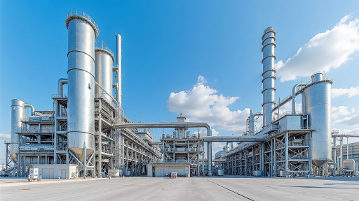 现代化工业厂房外观，大型工厂建筑，蓝天白云背景